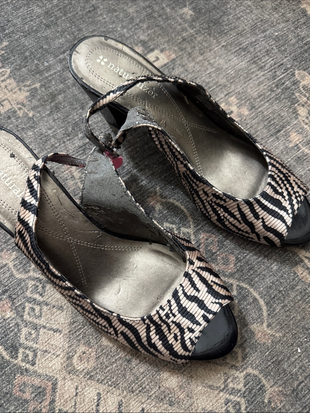 Naturalizer Black and Beige Patterned Peep-Toe Slingback Heels